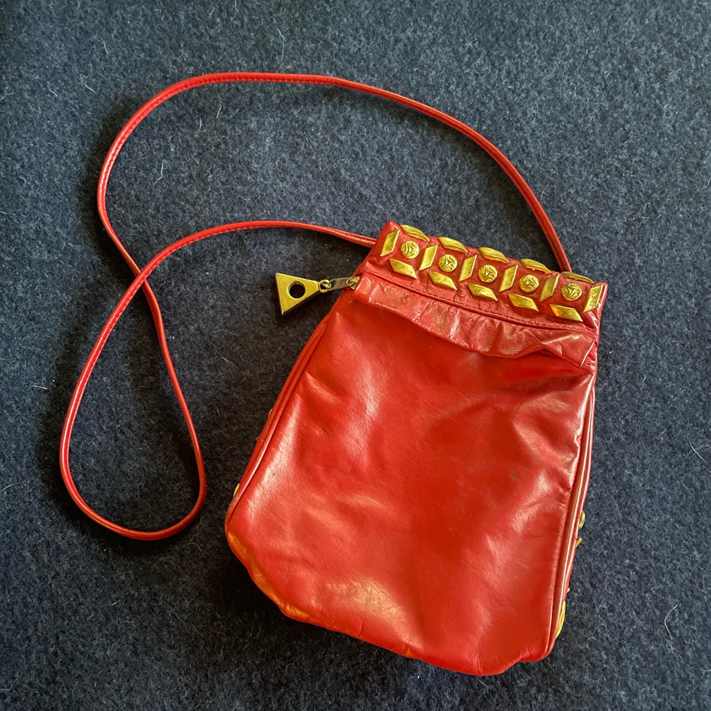 Vintage Red Leather Bag With Gold Accents